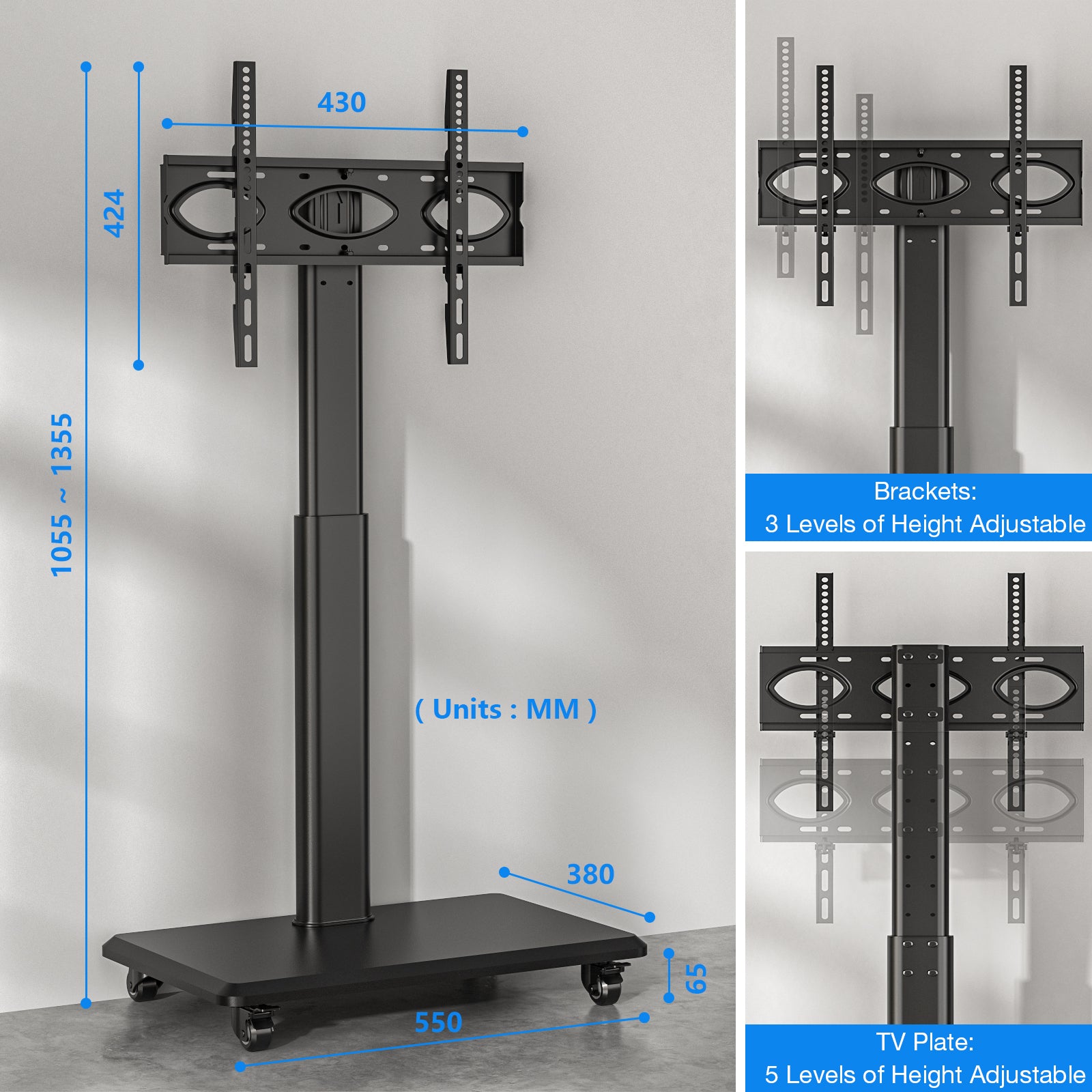 Rfiver Sleek Rolling TV Stand with Power Outlet for 32-70 Inch TVs